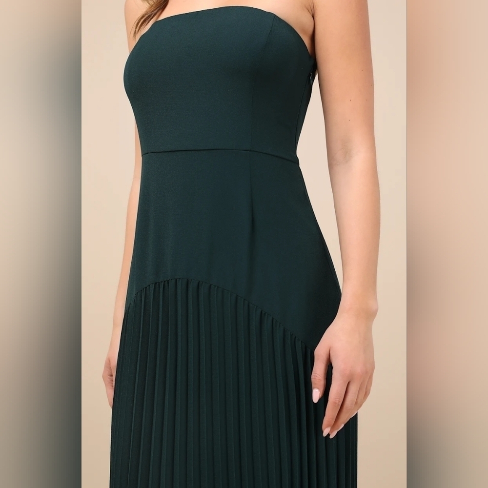 Lulus Celebratory Aesthetic Emerald Pleated Strapless Maxi Dress Wedding Party - Picture 4 of 8